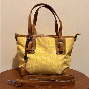 Fossil  satchel  Crossbody bag  fabric yellow print brown leather trim 3 compart